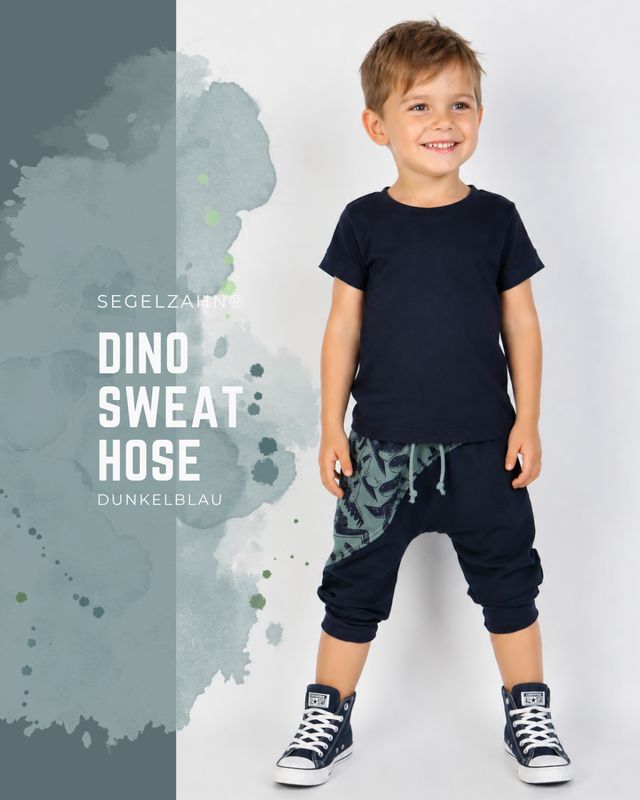 Kinder Pumphose Dino Dunkelblau Mint – Bequeme 3/4 Sweat Hose für den Sommer Kinder Pumphose Dino Dunkelblau Mint aus French Terry, bequeme Unisex Hose mit Mitwachsbündchen