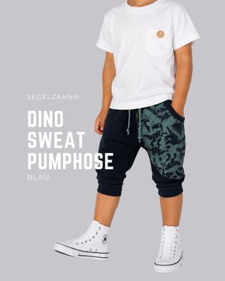 Dino Pumphose Kinder Blau Mint | Kurze Sweat Pumphose Dinosaurier Sommerhose Unisex „Kurze Dino-Pumphose für Kinder aus Sweatstoff in Blau und Mint – bequeme Sommerhose mit Dinosaurier-Muster Unisex