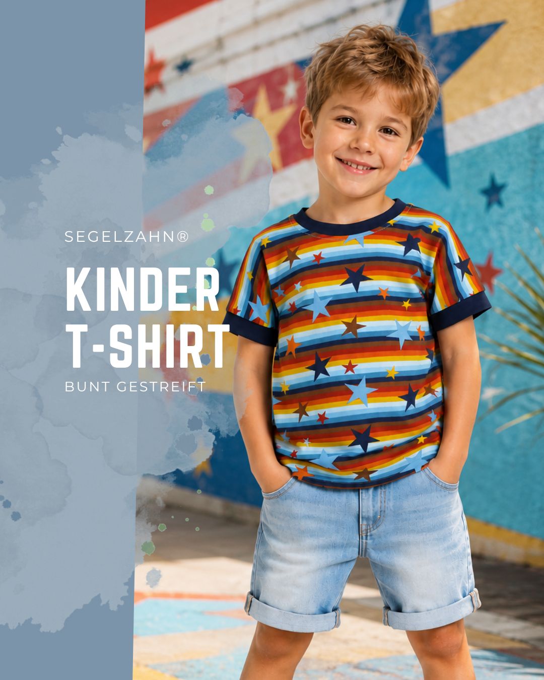 Kinder T-Shirt Sterne Bunt | Gestreiftes Kurzarmshirt für Jungen & Mädchen | Farbenfrohes Sommer Shirt Bunt gestreiftes Kinder T-Shirt mit Sternen – bequemes Sommer-Shirt für Kinder