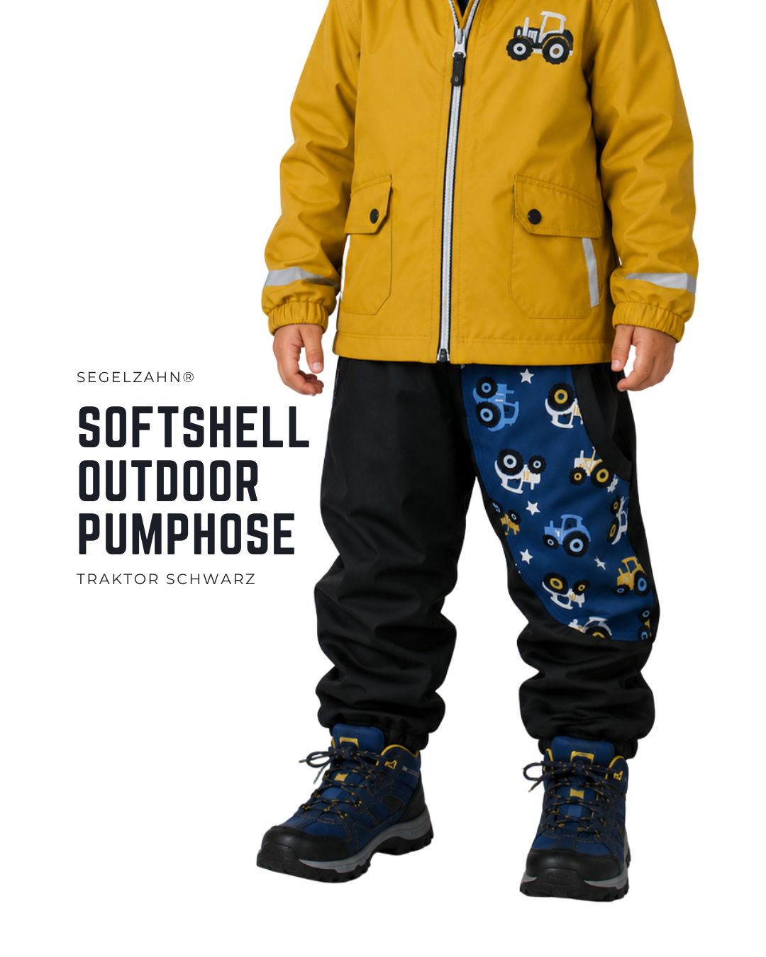 Kinder Softshellhose gefüttert Schwarz mit Traktor-Motiv – Warme Outdoorhose für Jungen efütterte Kinder Softshellhose Schwarz mit Traktor-Motiv für Jungen – warme, wasserabweisende Outdoorhose mit Fleecefutter