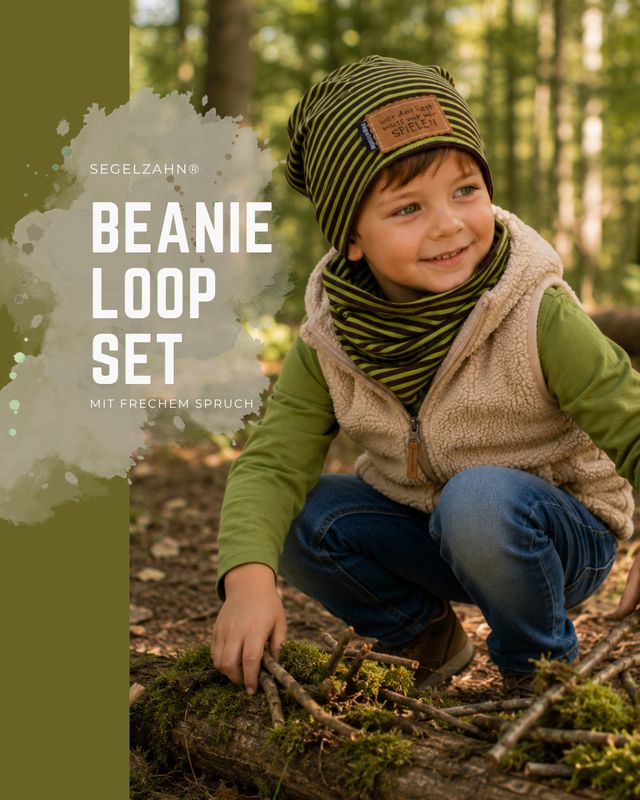 Gefüttertes oder ungefüttertes Beanie Loop Set für Kinder in grün braun für Herbst und Winter