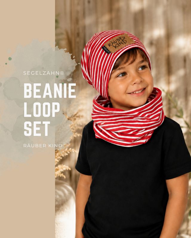 Kinder Beanie Loop Set rot weiß gestreift