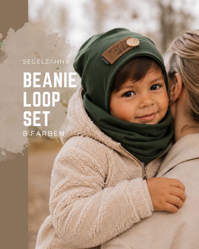 Kinder Beanie-Loop Set aus Sweat in Khaki mit passendem Loop, weich und bequem, personalisierbar Unisex