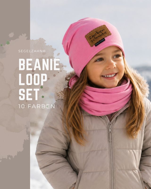 Beanie Loop Set für Kinder in Rosa aus weichem Sweatstoff, bestehend aus Kindermütze und Loop Schal, personalisierbar 