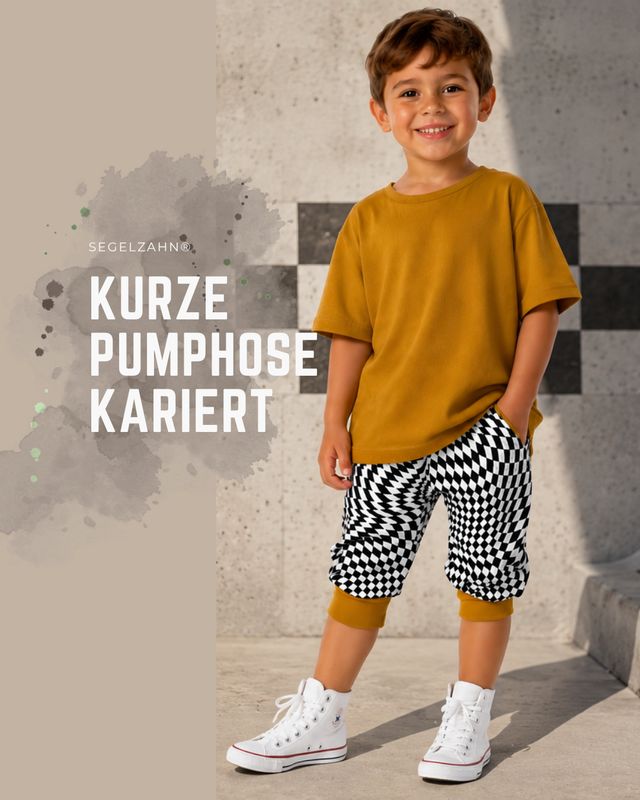 Kurze Pumphose für Kinder in Schwarz Weiß Karo aus Jacquard mit großer Seitentasche und senfgelben Softbündchen