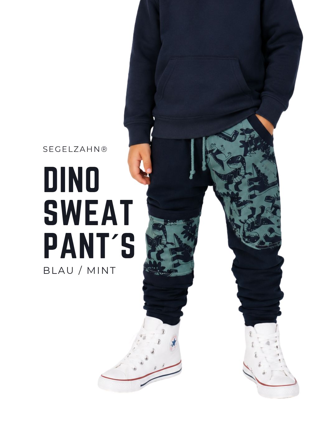Dino Sweat Pumphose für Kinder in Dunkelblau und Old Mint aus French Terry, handgefertigte Mitwachshose mit Kniepatch