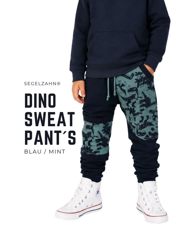 Dino Sweat Pumphose für Kinder in Dunkelblau und Old Mint aus French Terry, handgefertigte Mitwachshose mit Kniepatch