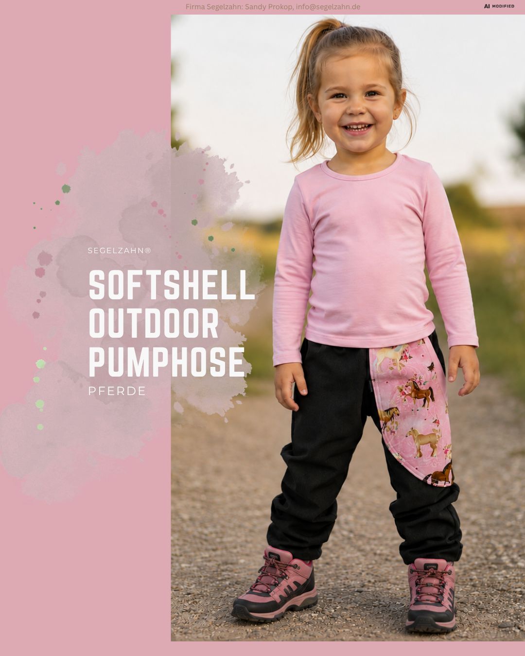 Softshellhose Mädchen Pferde | Gefütterte Regenhose | Outdoorhose Kinder | Matschhose Schwarz Rosa | robuste Regenkleidung warm Mädchen trägt schwarze Softshellhose mit rosa Pferde-Motiv und warmem Fleecefutter für Herbst und Winter.