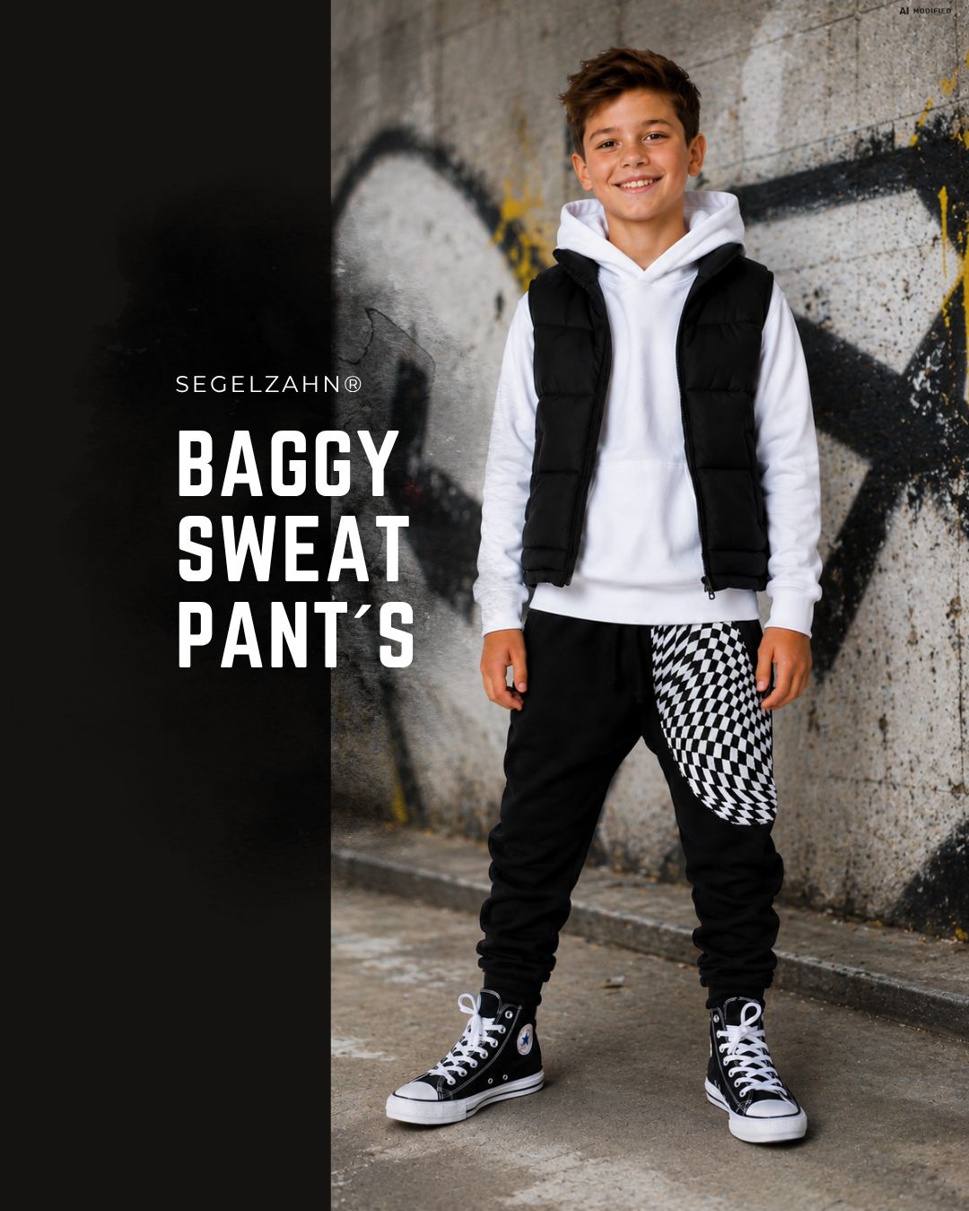 Baggy Hose Kinder Schwarz | Mitwachshose Sweat | Coole Sweatpants mit karierter Tasche | Unisex Pumphose für Jungen | Streetwear Kinder Baggy Jogginghose in Schwarz mit schwarz-weißer karierter Tasche, moderner Streetstyle-Look aus weichem French Terry.