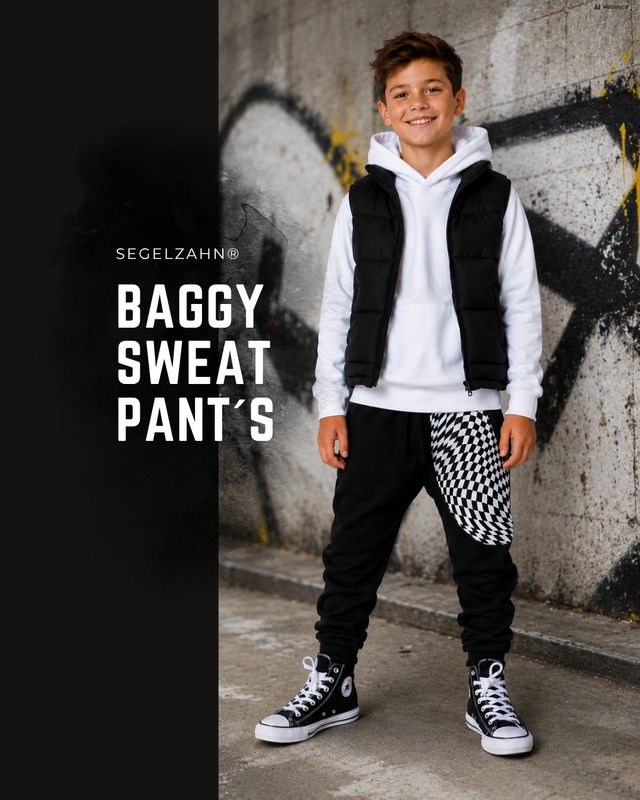 Baggy Hose Kinder Schwarz | Mitwachshose Sweat | Coole Sweatpants mit karierter Tasche | Unisex Pumphose für Jungen | Streetwear Kinder Baggy Jogginghose in Schwarz mit schwarz-weißer karierter Tasche, moderner Streetstyle-Look aus weichem French Terry.