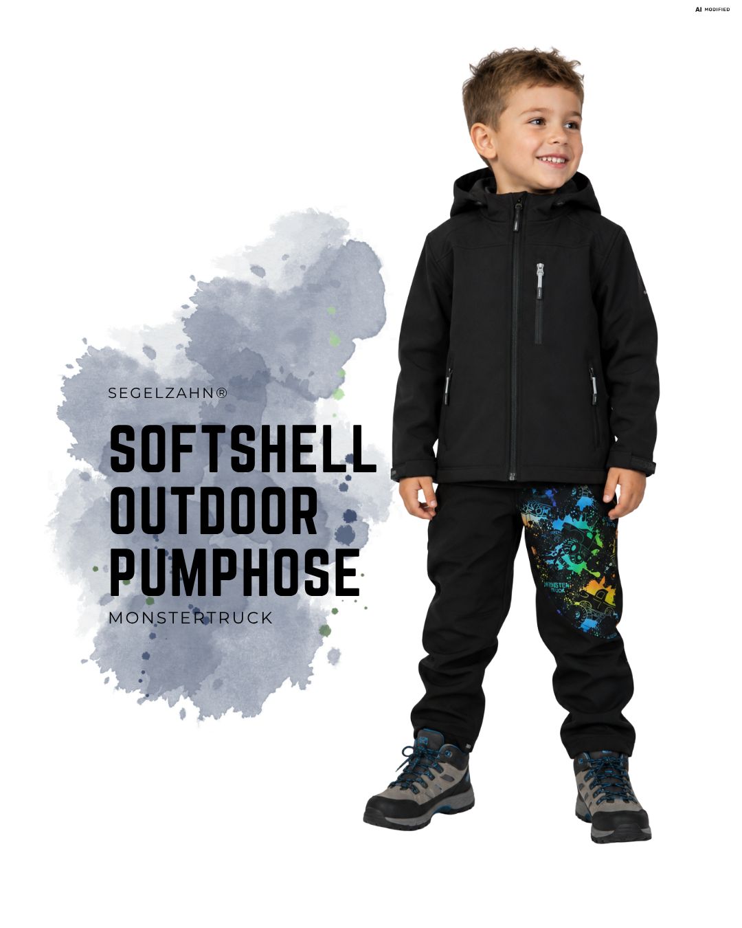 Kinder Softshellhose gefüttert Schwarz | Monstertruck | Regenkleidung |Jungen Kinder-Softshellhose in Schwarz mit farbenfrohem Monstertruck-Motiv, kombiniert mit einem weißen Oberteil und weißen Sneakern