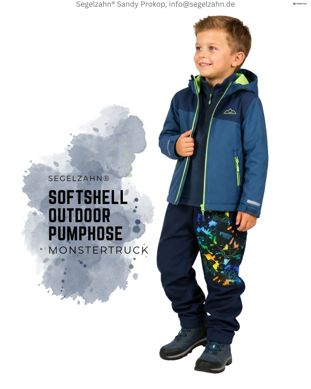 Kinder Softshellhose gefüttert Blau | Regenkleidung Jungen | Monstertrucks Refütterte Softsehllhose für Kinder in Dunkelblau mit cooler Monstertruck Seitentasche