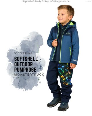 Kinder Softshellhose gefüttert Blau | Regenkleidung Jungen | Monstertrucks Refütterte Softsehllhose für Kinder in Dunkelblau mit cooler Monstertruck Seitentasche
