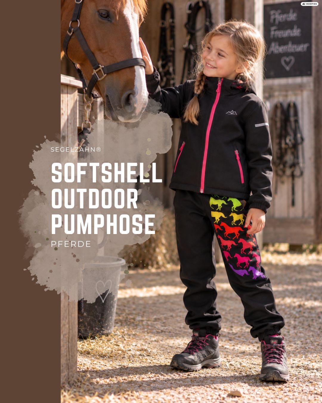 Softshellhose Kinder gefüttert | Regenhose Mädchen Pferde Schwarz | Matschhose Fleece| Outdoorhose Mitwachshose | Buddelhose | Regenkleidung Kind auf einem Reiterhof trägt outdoorhose in schwarz mit Pferdemotiv