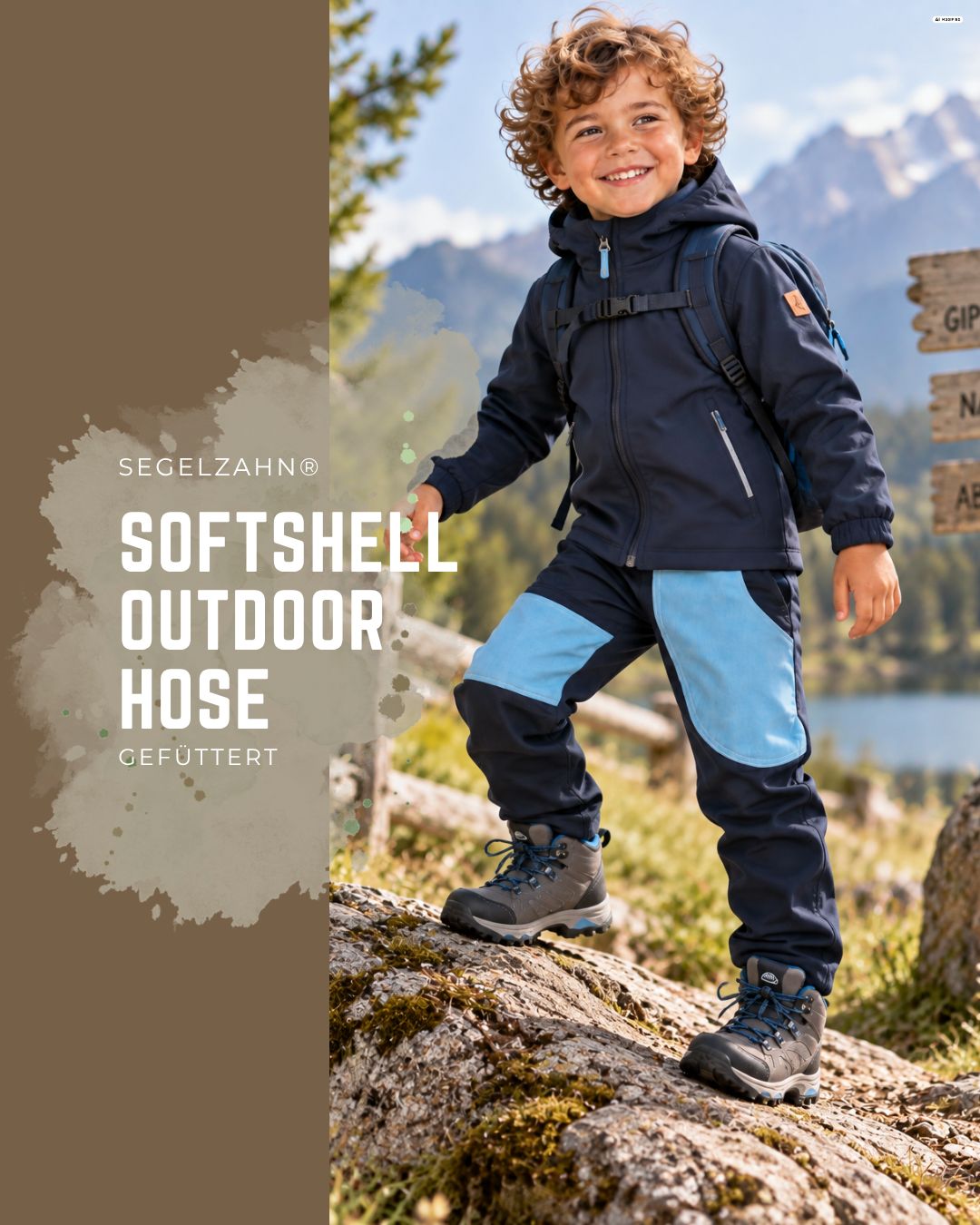 Softshellhose Kinder Blau | gefütterte Regenhose Outdoor | Regenkleidung Kinder | Mitwachshose Fleece Unisex Kinder Softshellhose in Dunkelblau mit hellblauen Knie- und Oberschenkelverstärkungen