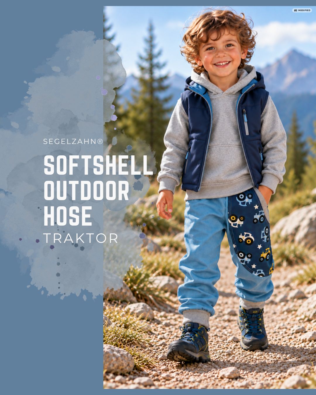 Kinder Softshellhose in Hellblau meliert mit Traktortasche, grauen Mitwachsbündchen und kuscheligem Fleecefutter für Outdoor 