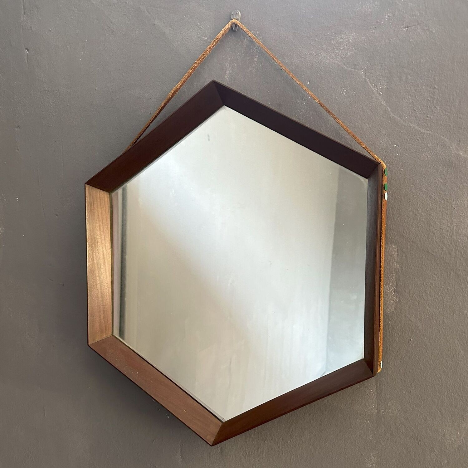 Specchio anni'60, esagonale con cornice in teak