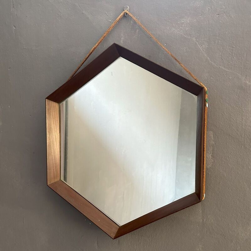 Specchio anni'60, esagonale con cornice in teak
