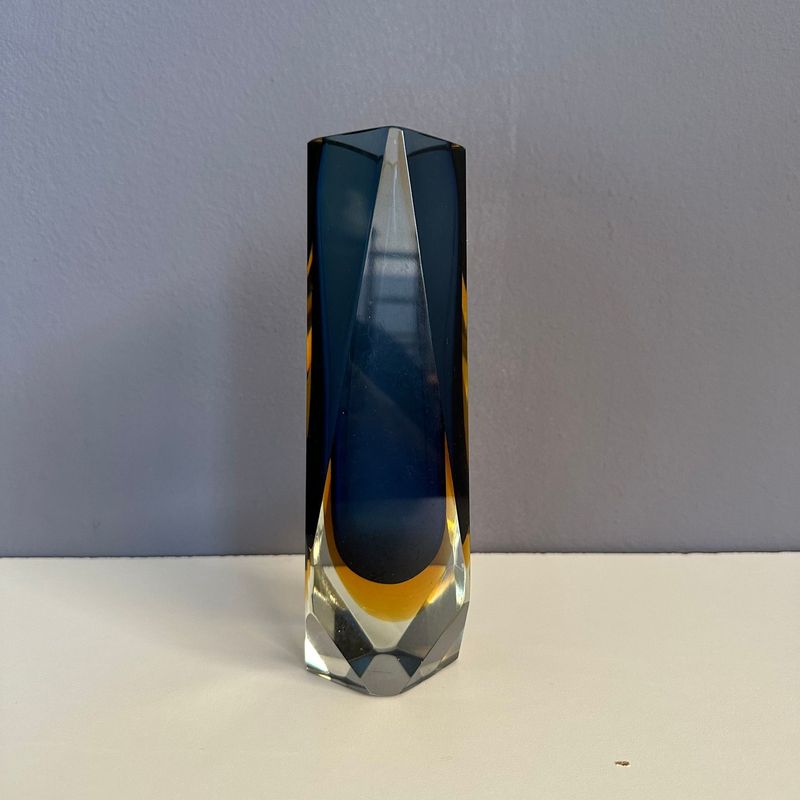 Vaso sommerso in vetro Murano, anni 60 blu e giallo