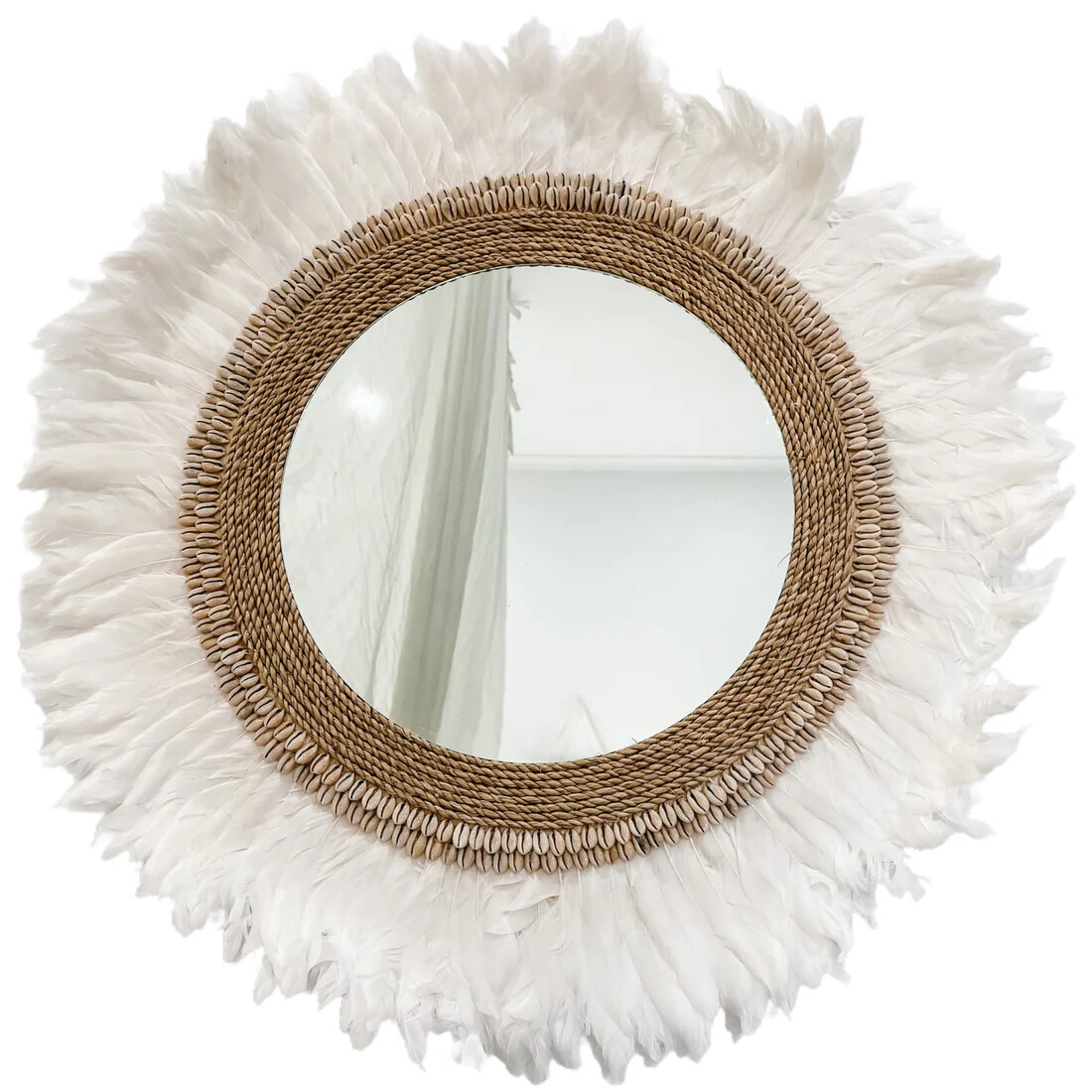 ESPEJO DE PLUMAS BLANCAS, fibras y conchas