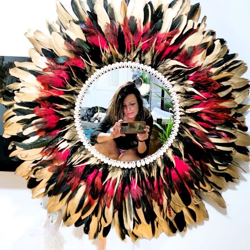 ESPEJO DE PLUMAS fucsia y dorado