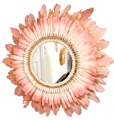 ESPEJO DE PLUMAS rosas y blancas con detalles en dorado
