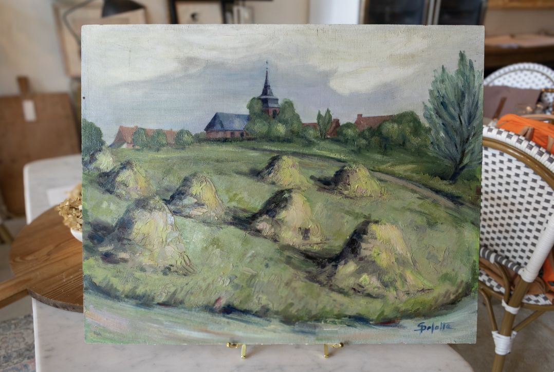 Vintage Oil Painting of Haystacks and Village Church