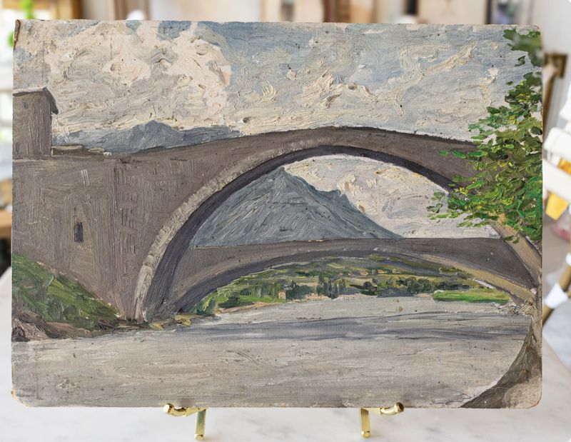 Oil Painting of Arched Bridges and Mountain Landscape