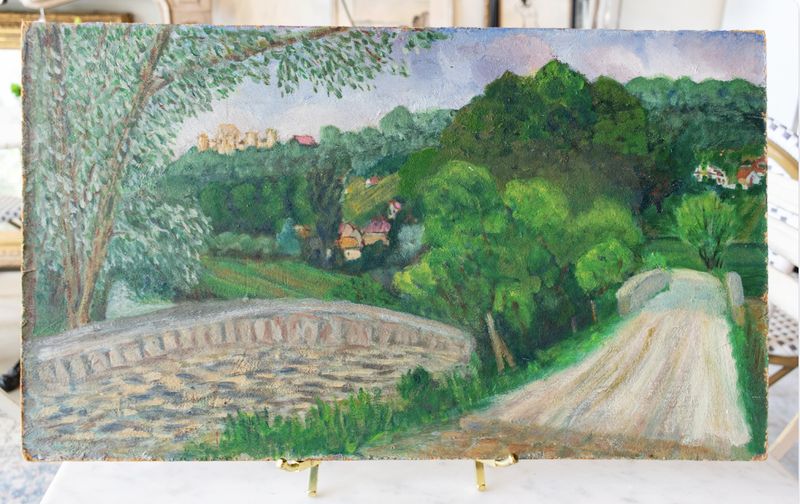 Mid-20th c. Hilltop Village View with Bridge