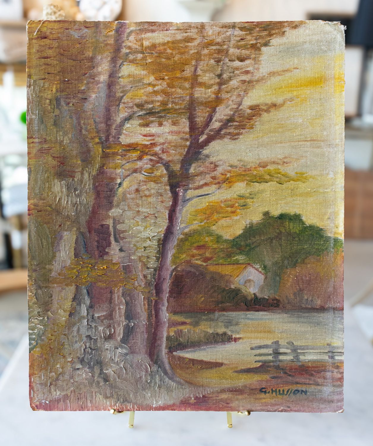Vintage Oil Painting – Autumn River Landscape by G. Husson
