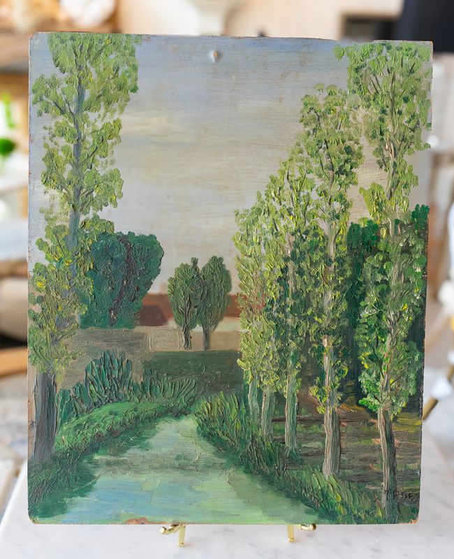 Vintage Oil Painting – Tree-Lined Canal Scene