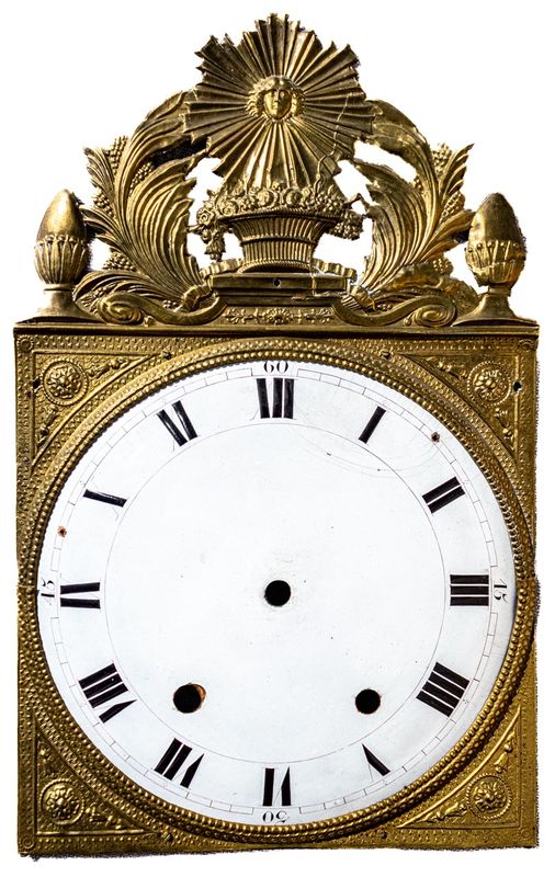 Antique French Comtoise Clock Face with Repousse Brass Crest