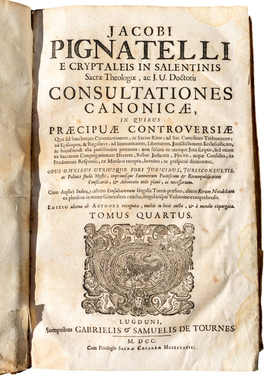 Antique Vellum-Bound Folio - Pignatelli, Consultationes Canonicae, Tomus IV (Lyon, 1700)
