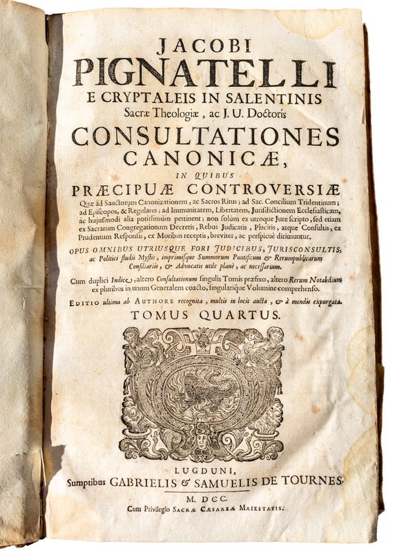 Antique Vellum-Bound Folio - Pignatelli, Consultationes Canonicae, Tomus IV (Lyon, 1700)