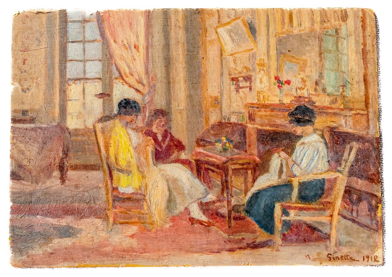 Antique French Oil Painting on Board - Interior Scene, Signed "Ginette 1912"
