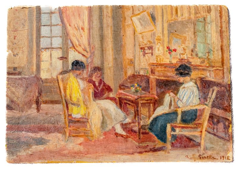 Antique French Oil Painting on Board - Interior Scene, Signed "Ginette 1912"