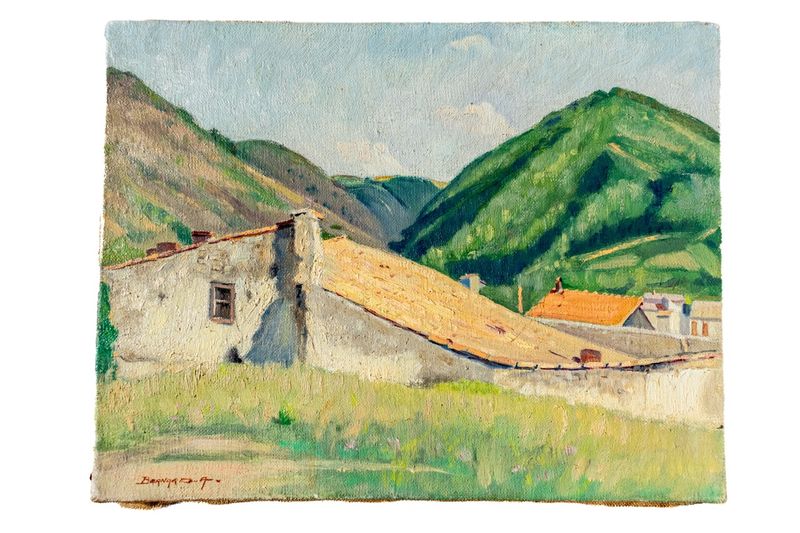 Antique Signed Oil Painting - White Farmhouse &amp; Hills (Unframed)