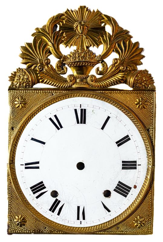 Antique French Comtoise Clock Face with Repousse Brass Crest (Unsigned)