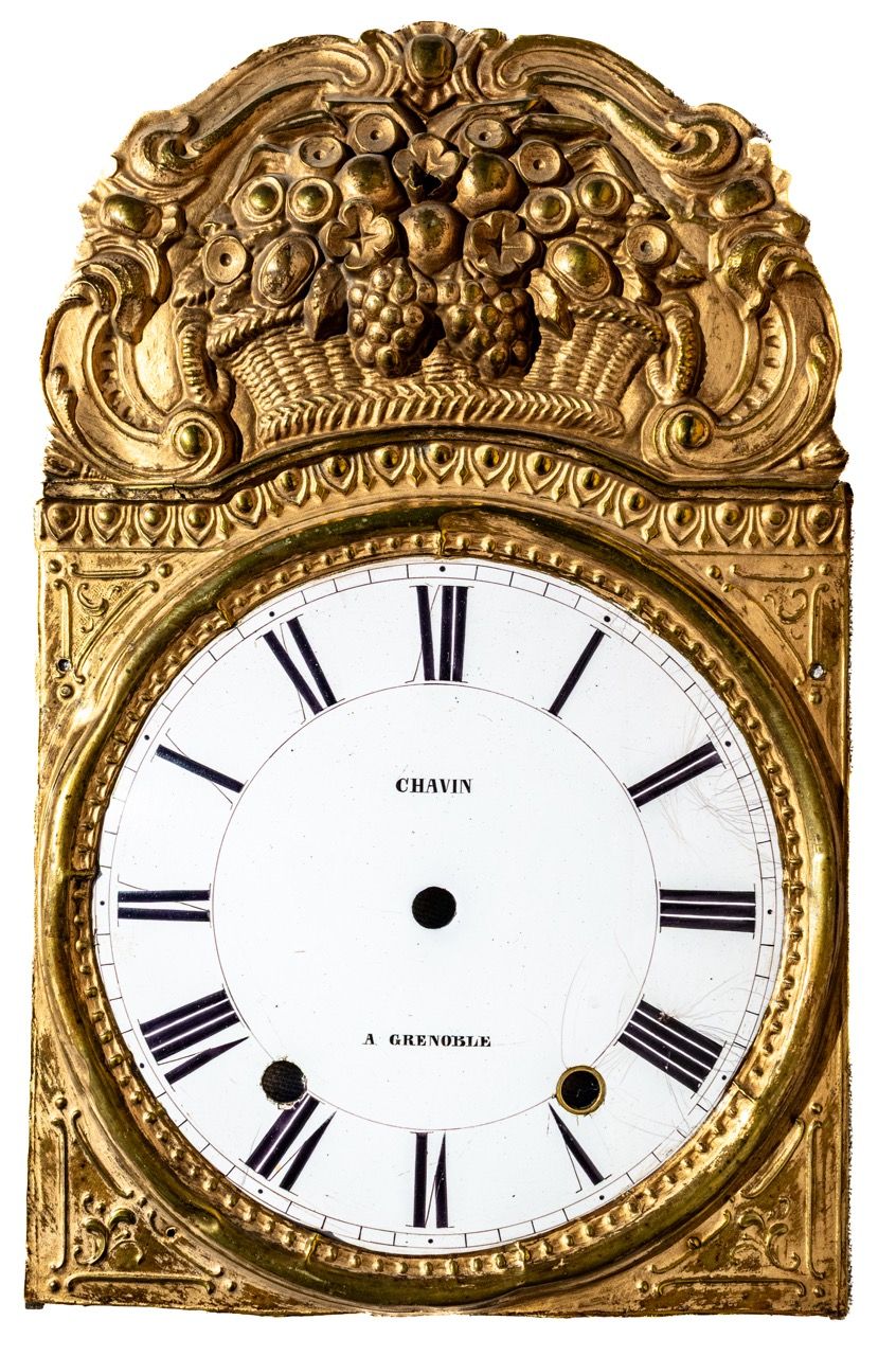 Antique French Comtoise Clock Face &amp; Fruit-Basket Crest, Signed "Chavin a Grenoble"