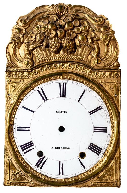 Antique French Comtoise Clock Face &amp; Fruit-Basket Crest, Signed "Chavin a Grenoble"