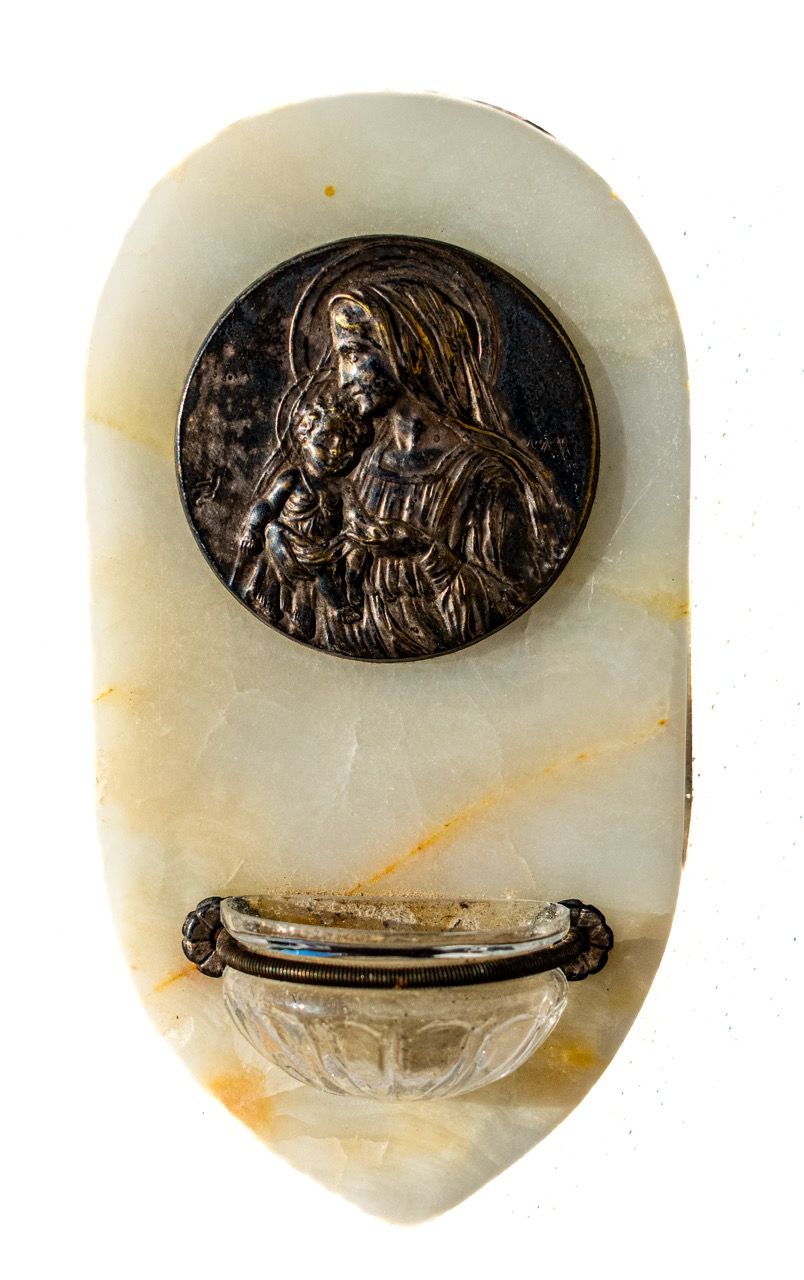 Antique French White Onyx Holy Water Font with Silvered Madonna Medallion