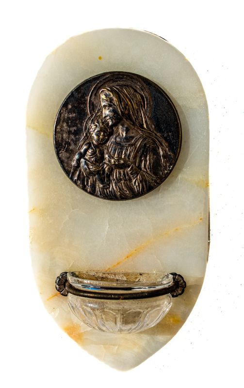 Antique French White Onyx Holy Water Font with Silvered Madonna Medallion