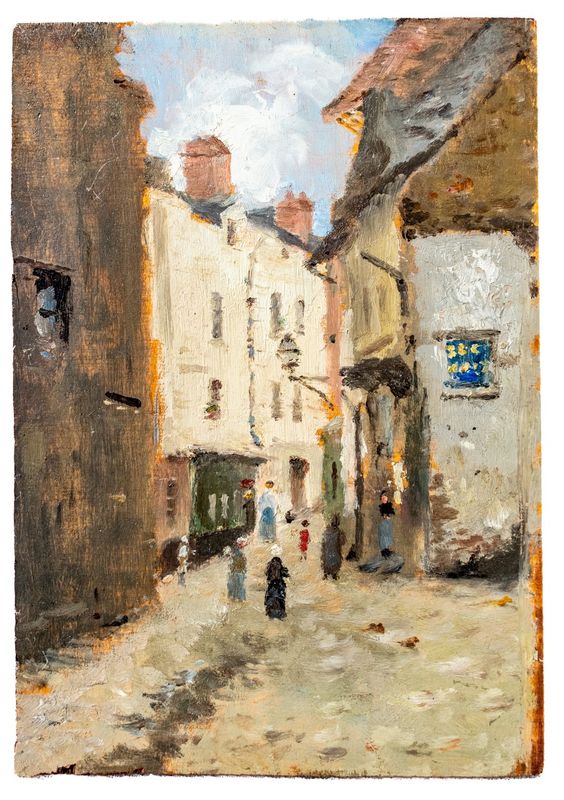 Antique French Oil Painting on Board - Village Street Scene