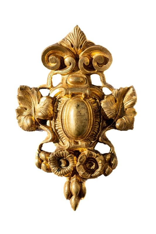 Antique Gilt-Brass Rococo Cartouche Ornament with Rose &amp; Scrolls