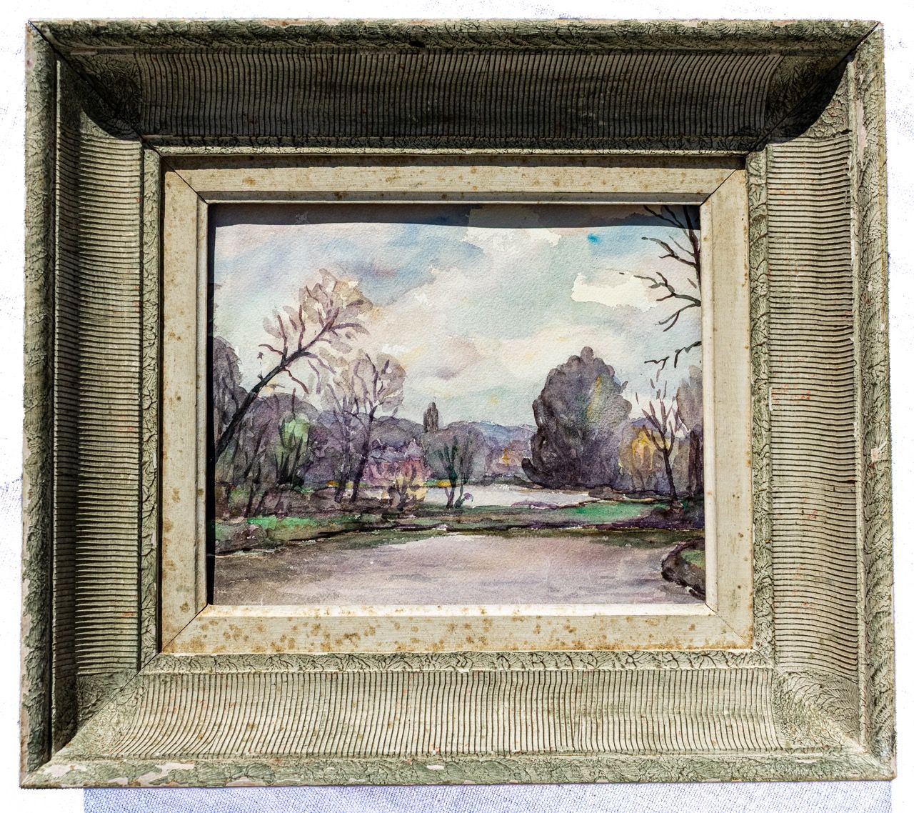 Antique Framed Watercolour Landscape with Distant Church Tower