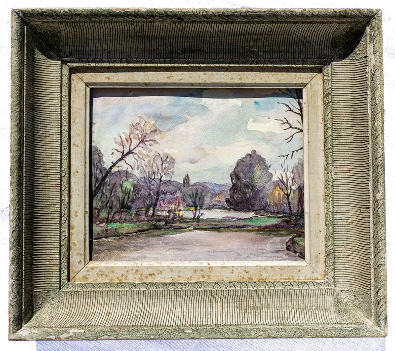 Antique Framed Watercolour Landscape with Distant Church Tower