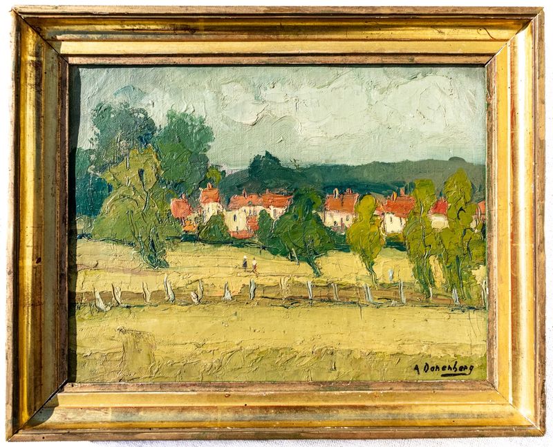 Antique Signed Oil Painting - Village Landscape (Giltwood Frame)