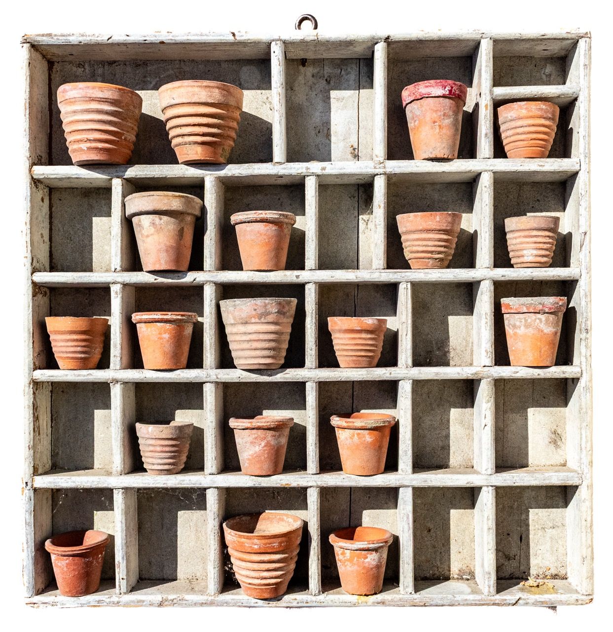 Antique Terracotta Pots in Painted Wooden Compartment Tray (Lot)