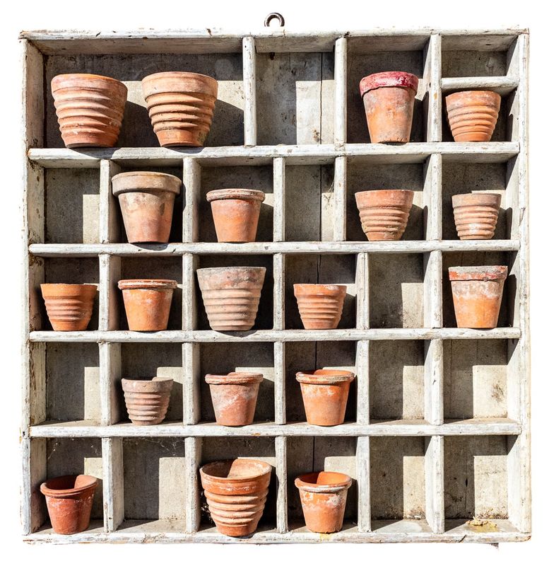 Antique Terracotta Pots in Painted Wooden Compartment Tray (Lot)