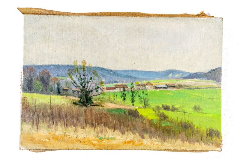 Antique Oil Painting - Fields &amp; Distant Hills Landscape (Unframed)